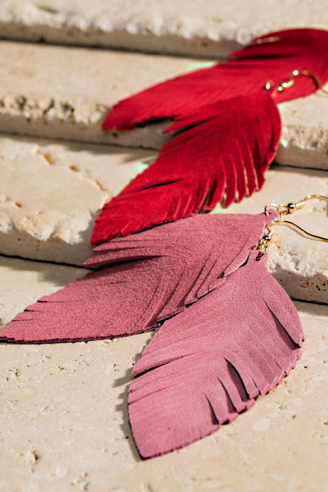 Red Genuine Leather Leaf Earrings