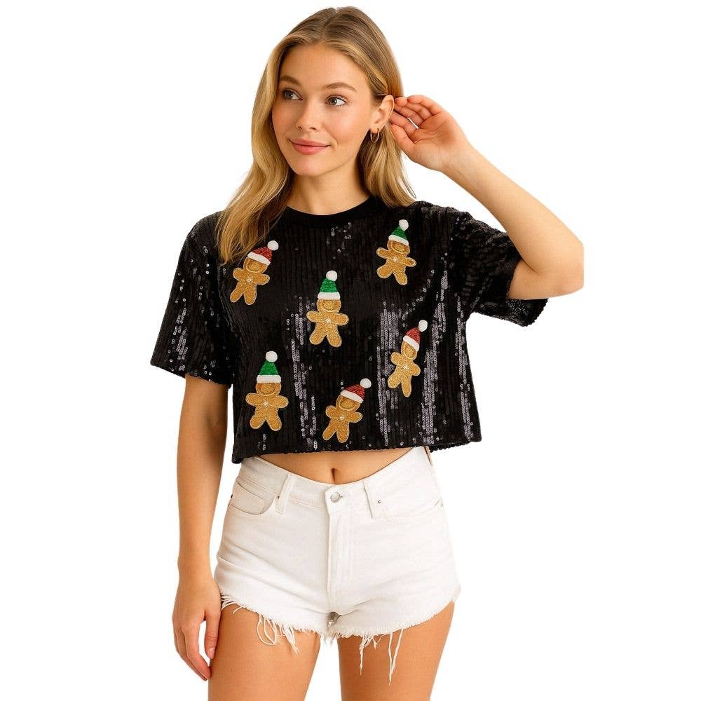 Black Christmas Gingerbread Man Sequin Short Sleeve Top