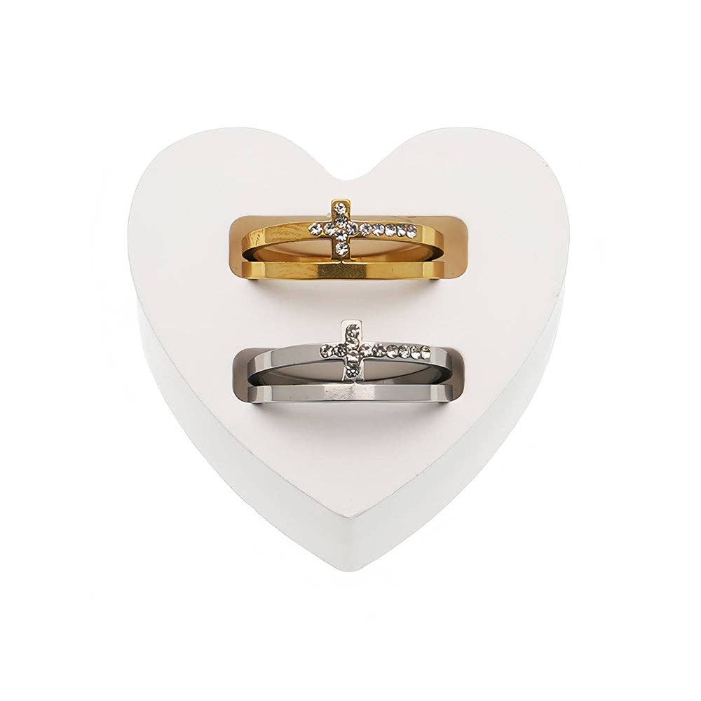 Stainless Steel Rhinestone Cross Line Ring