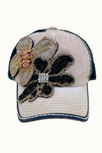 Charcoal Black Floral Bouquet Bejeweled Bling Glitz Two Toned Cap,Adjustabe: