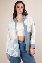 Blue Contrast Ribbed Knit & Lace Shacket Jacket