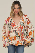 Ivory V Neck Wide Bell Sleeve Floral Top