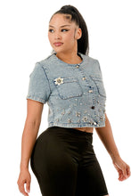 Blue Pearl & Floral Studded Cropped Denim Jacket