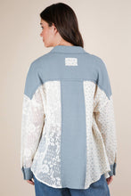 Blue Contrast Ribbed Knit & Lace Shacket Jacket