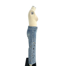 Blue Lace Cutout Rhinestone Denim Pants