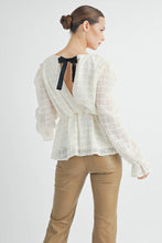 Ivory Sheer Textured V-Neck Blouse with Back Ribbon