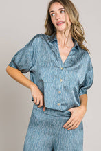 Blue Short sleeve button down crop satin shirt
