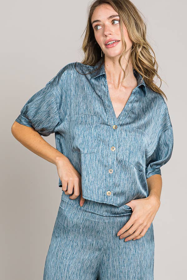 Blue Short sleeve button down crop satin shirt