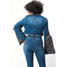 Denim Blue Acid Washed Flare Embroidered Jacket