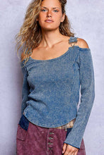 Vintage Washing Solid Buckle Open Shoulder Knit Thermal Top: PALE OLIVE