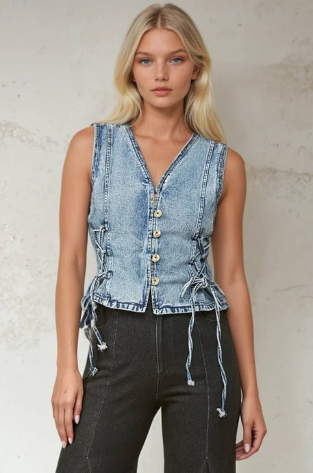 Medium Denim Boho Lace Up Side Vest