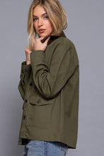 Olive Long Sleeve Corduroy Collar Detail Cotton Twill Work Jacket