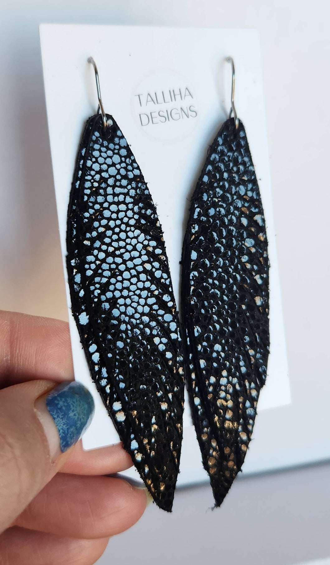 Black Stingray Genuine Leather Boho Feather Fringe Earrings