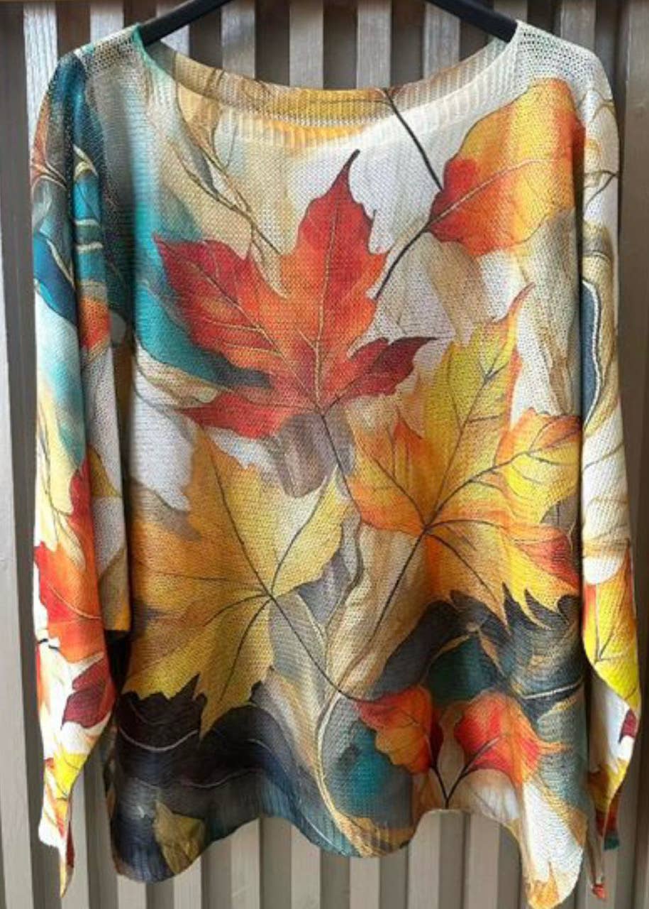 Cream Fall Leaves Round Neck Knit Printed Sweater
