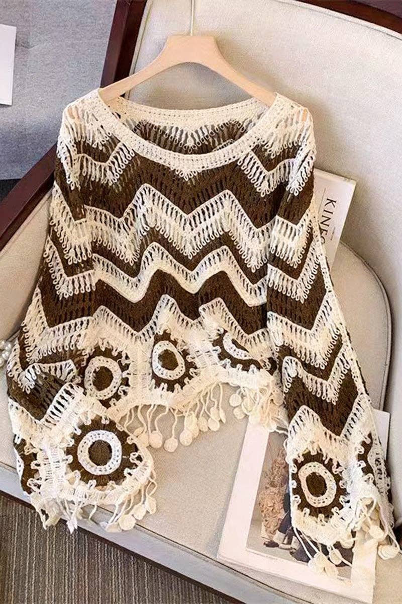 Coffee Zigzag Pattern Fringed Sweater