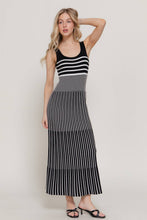 Black White Sleeveless Double Scoop Neck Striped Long Dress