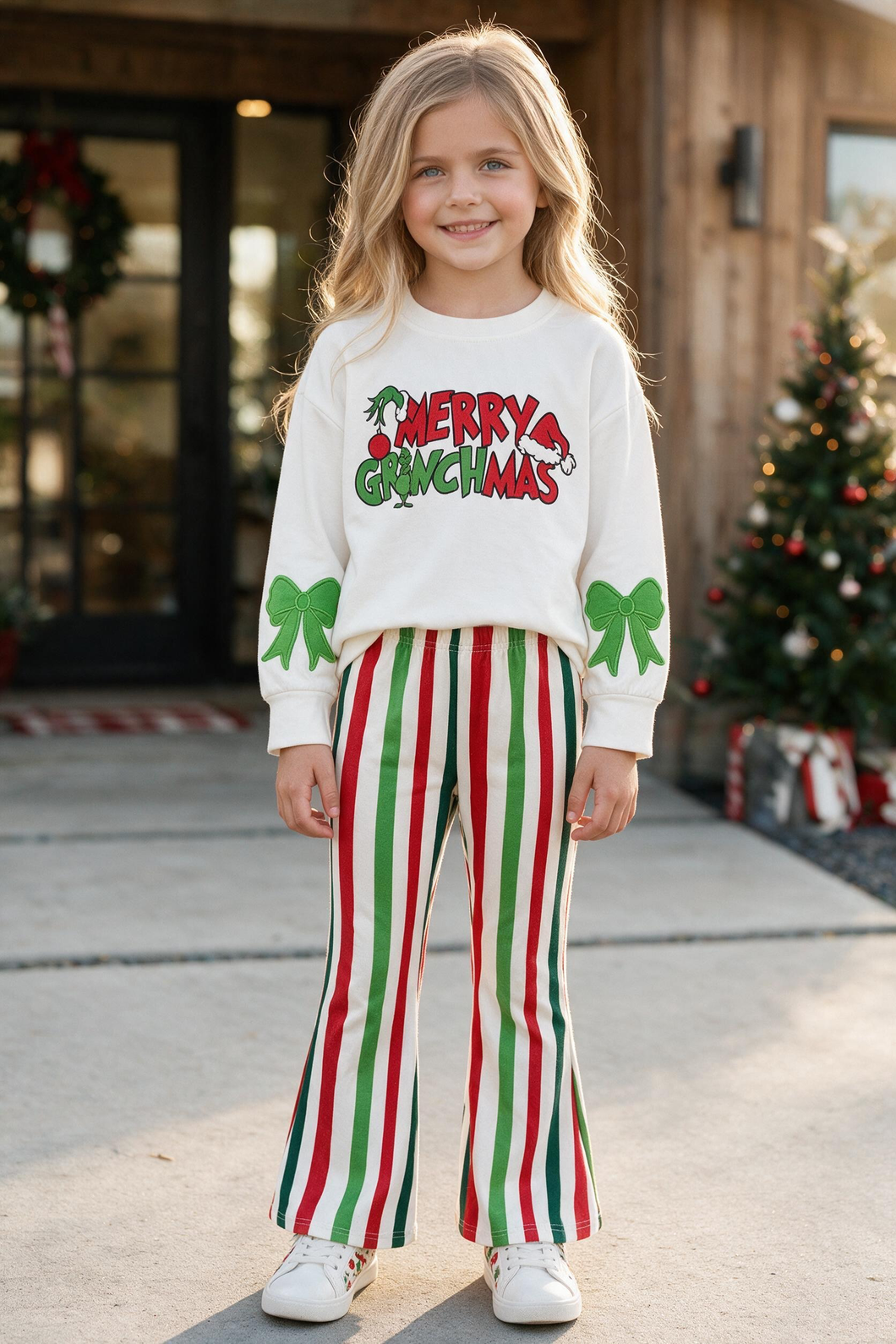 White Christmas application top and multi color stripe bottom