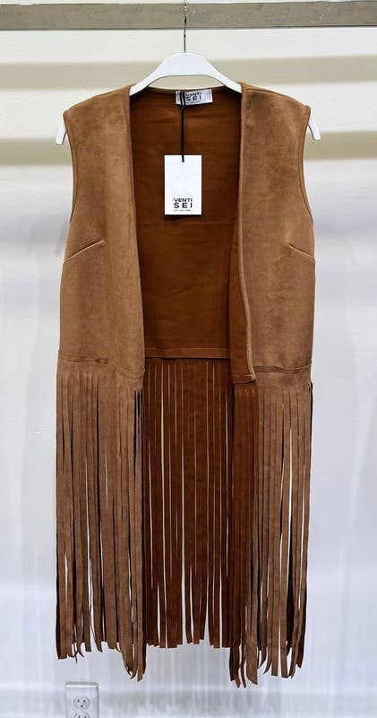 Camel Faux Suede Open Venti Vest with Fringe Hem