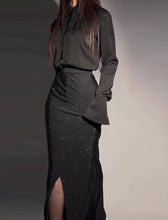 Black Bell Sleeve Top and High-Slit Sequined Maxi Skirt Set