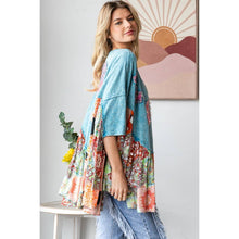 Blue Wahed Round Neck Love Patchwork Ruffle Hem Oli+Hali Top