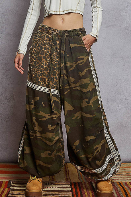 Olive Camo Printed woven contrast band trim jogger POL pants