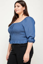 Blue Plus Size Smocked Chambray Peplum Top