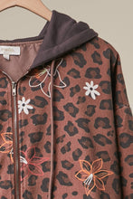 Brown Zip-Up Hoodie with Floral Embroidery Jacket