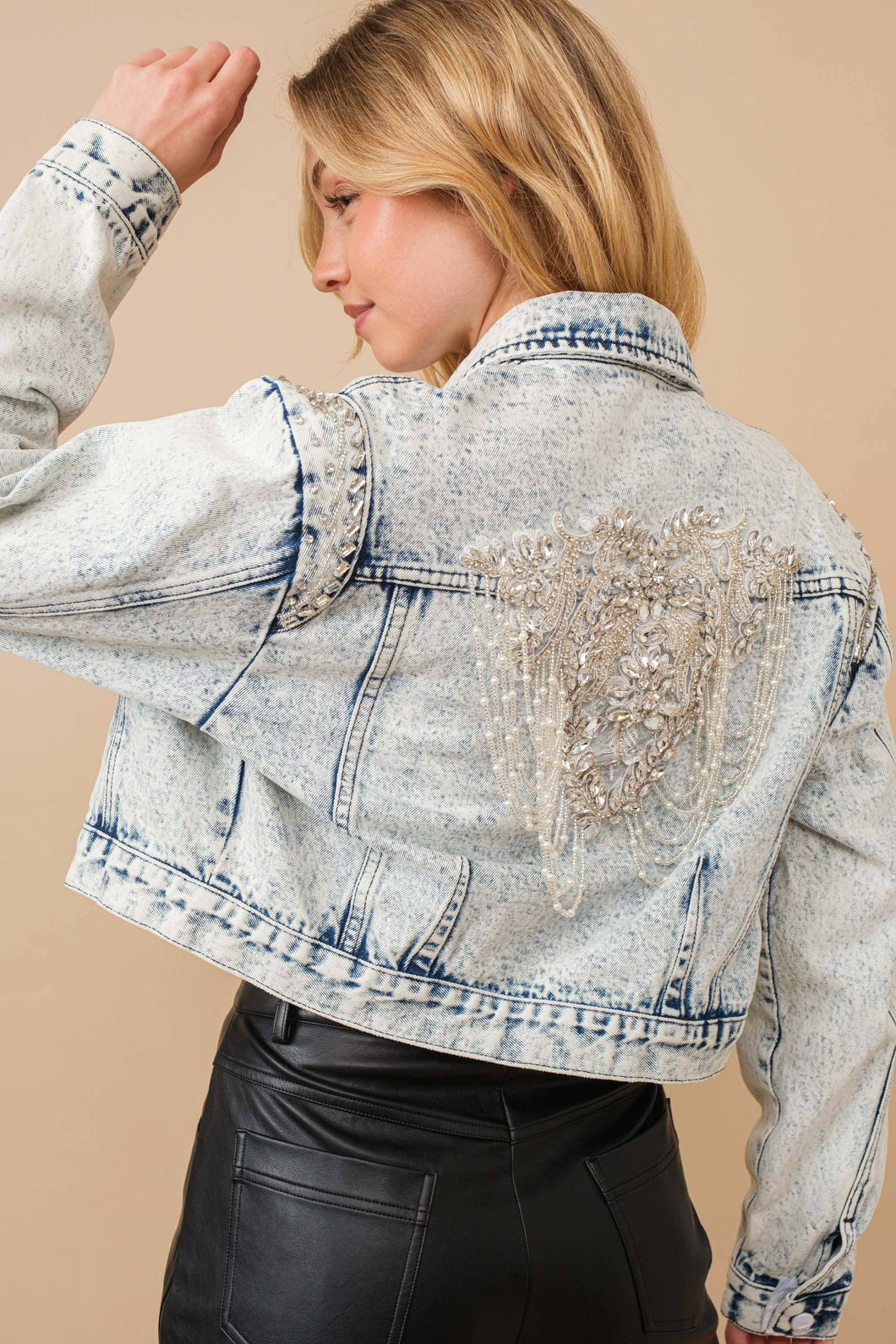 Light Wash Acid Washed Shoulder Beading Denim Jacket