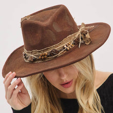 Vintage Feather Accent Wood Beaded Distressed Finish Band Rustic Cowgirl Western Fedora Hat