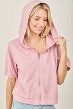 IJ3526 Rhinestone-Adorned Short Sleeve Zip-Up Hoodie Jacket: Black / L