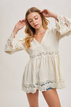 Ecru Lace Trimmed Bell Sleeve V Neck Blouse