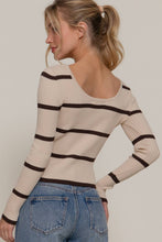 Beige Brown Long Sleeve Double Scoop Neck Stripe Sweater Top