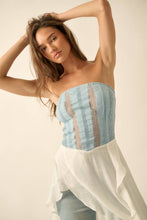 Light Chambray Tencel Denim and Gauze Strapless Ruffled Maxi Top