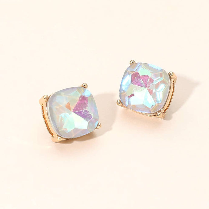Gold Grey Square Cushion Stud Earrings
