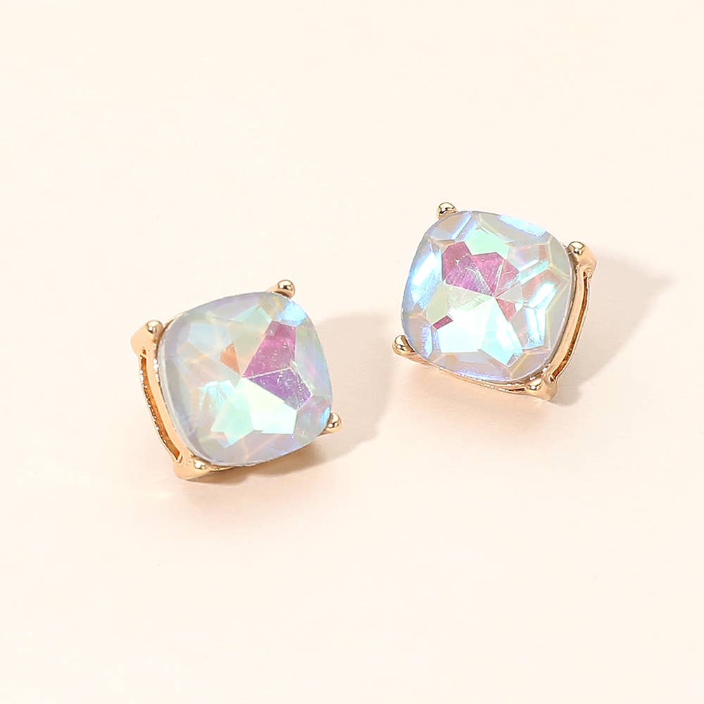 Gold Grey Square Cushion Stud Earrings