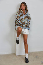 Blue Brown Relaxed Sherpa Striped Half Zip Pullover