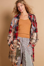 Oversized peach patch button down plaid shirt Red Multi