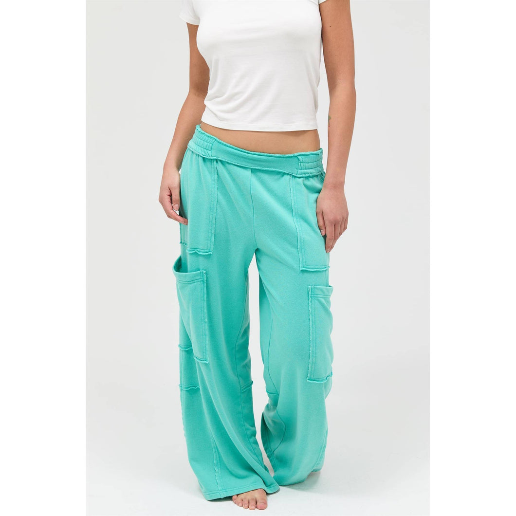 Turquoise Mineral Wash Wide Leg Cargo Pants