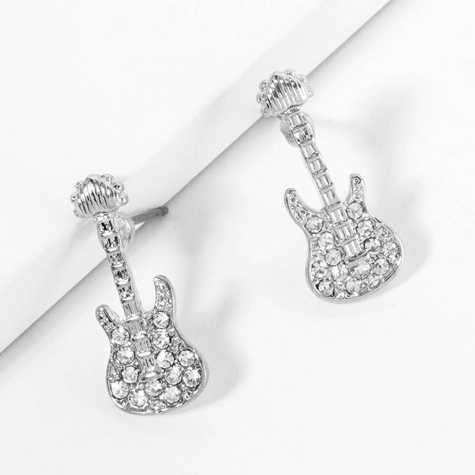 Silver Crystal Stone Paved Guitar Stud Earrings