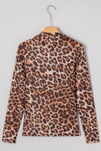 Brown Leopard Mesh Mock Neck Long Sleeve Top