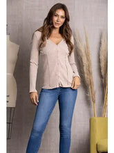 Stone Beige Ribbed Knit Button Down Long Sleeve Top