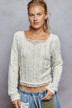 Cream Square neck long sleeve lace printed solid ruffle knit POL top
