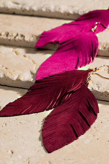 Fuchsia Genuine Leather Leaf Earrings