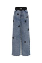 Medium Blue Black Therese Embellished Denim Pants With Black Waistband