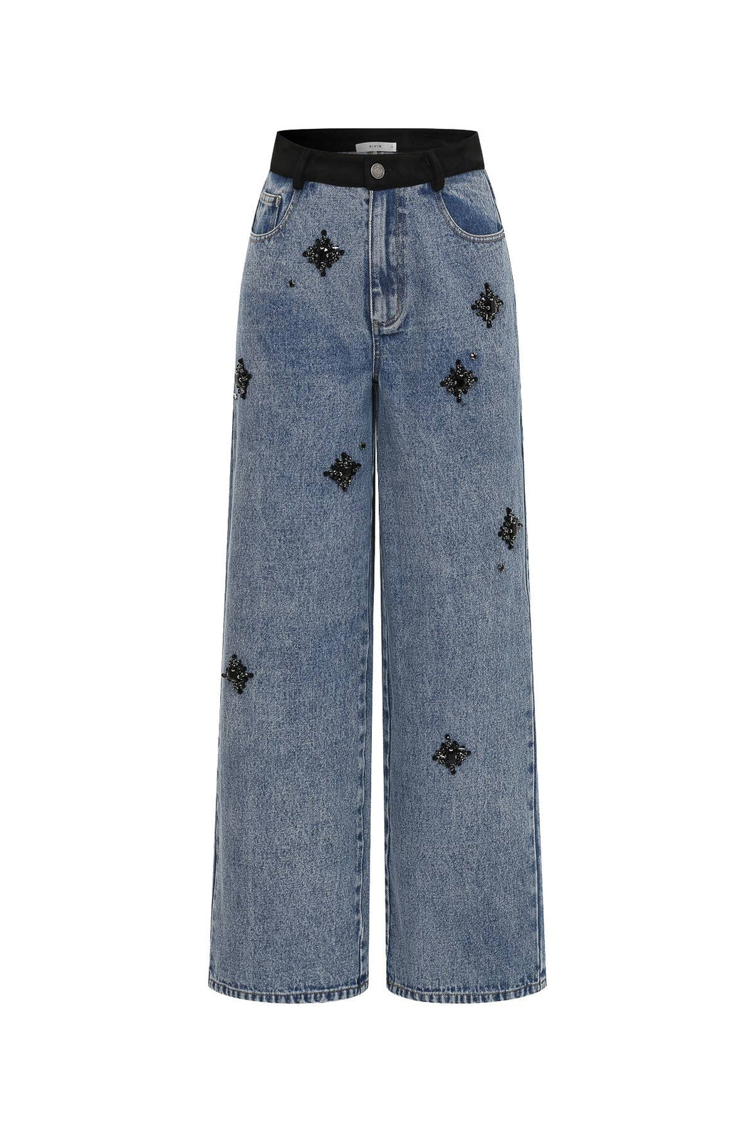 Medium Blue Black Therese Embellished Denim Pants With Black Waistband