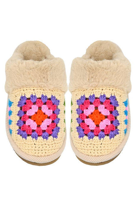 C.C Multi Color Crochet Faux Fur Winter Slippers: Beige