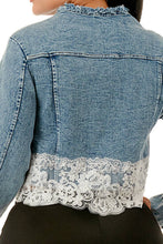 Blue Lace & Pearl Embellished Cropped Denim Jacket