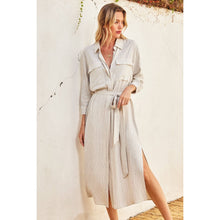 Oatmeal Black Pinstriped Belted Maxi Shirt Dress