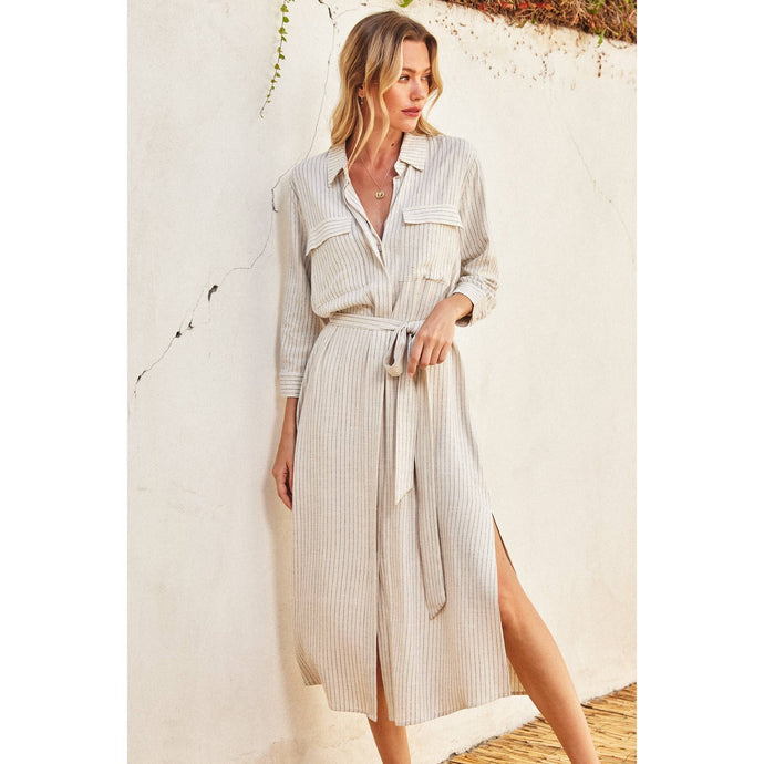 Oatmeal Black Pinstriped Belted Maxi Shirt Dress