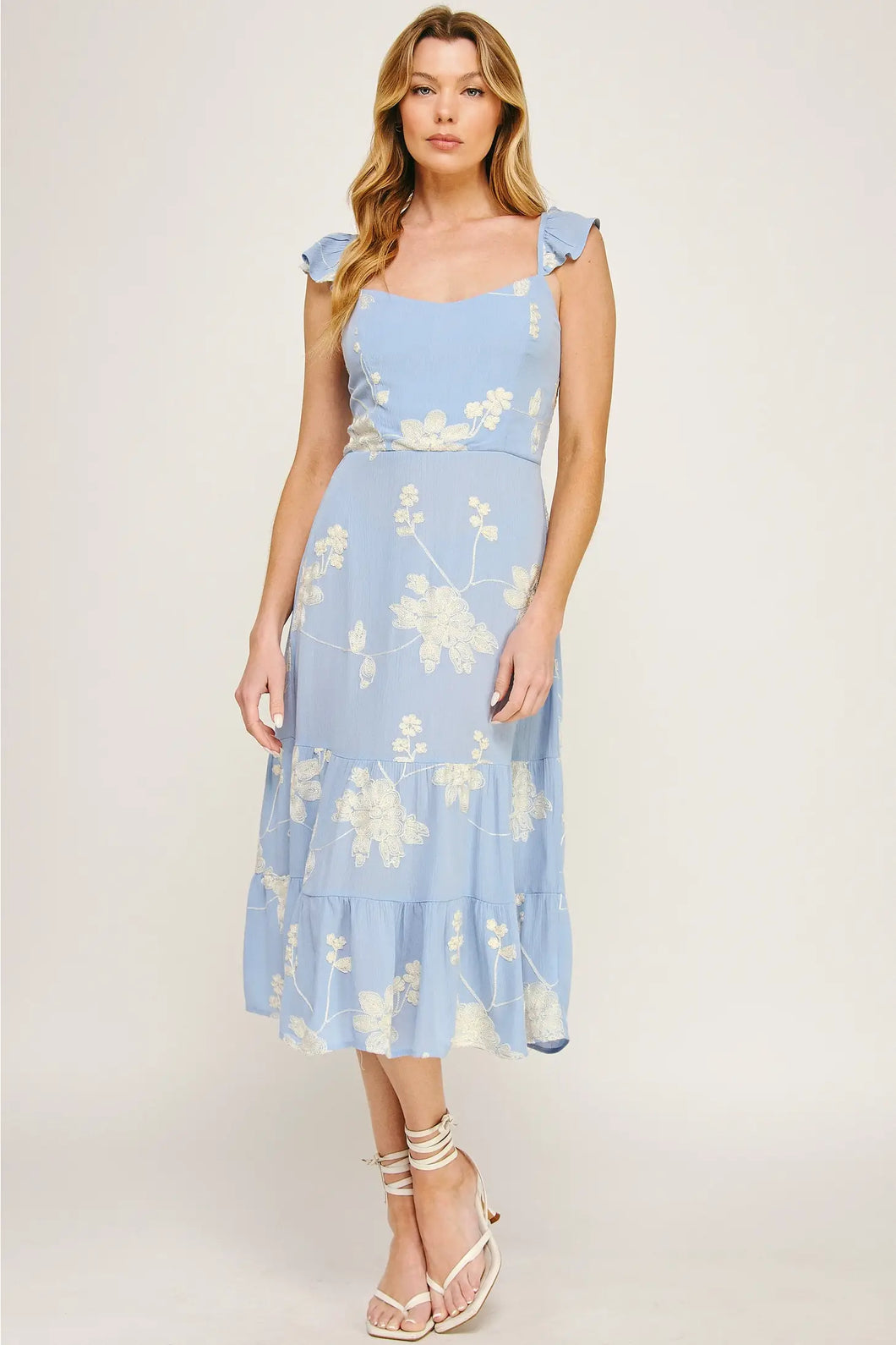 Blue Meadow Breeze Embroidered Flutter Dress